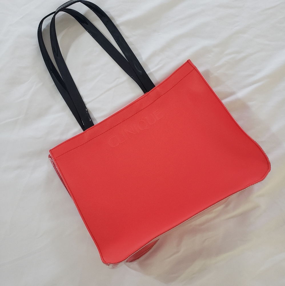 Red Clinique Tote with Clear Sides and Bottom
